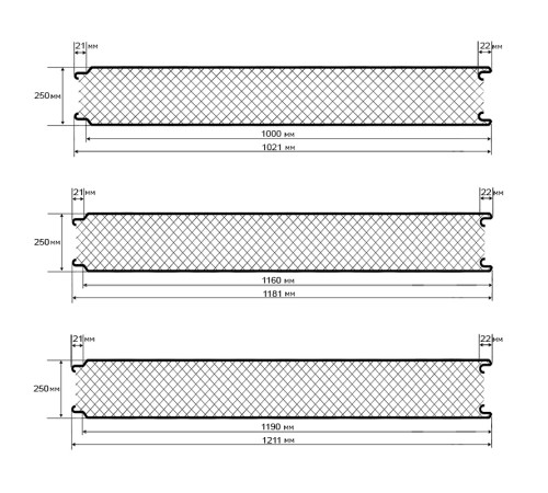 Сэндвич панели акустические стеновые с минеральной ватой, ширина 1000 мм, толщина 250 мм, 0.5/0.5, RAL3005