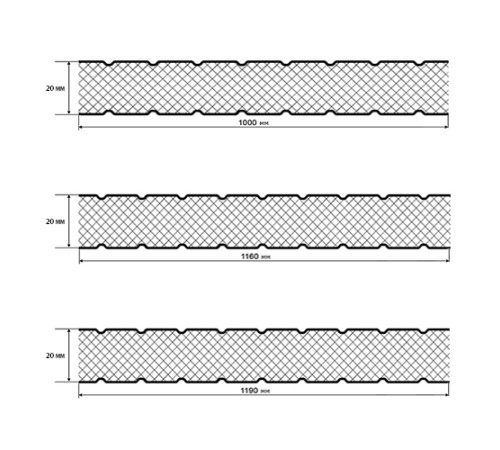 Сэндвич панели без замков с минеральной ватой, ширина 1000 мм, толщина 20 мм, 0.5/0.5, RAL3011