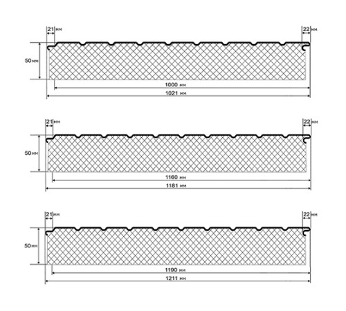 Сэндвич-панели двухслойные с пенополиизоциануратом, ширина 1000 мм, толщина 50 мм, 0.5, RAL3009