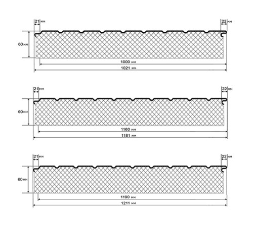 Сэндвич-панели двухслойные с пенополиизоциануратом, ширина 1000 мм, толщина 60 мм, 0.5, RAL9002
