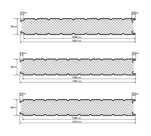 Сэндвич панели стеновые с пенополиуретаном, ширина 1200 мм, толщина 60 мм, 0.5/0.5, RAL1014